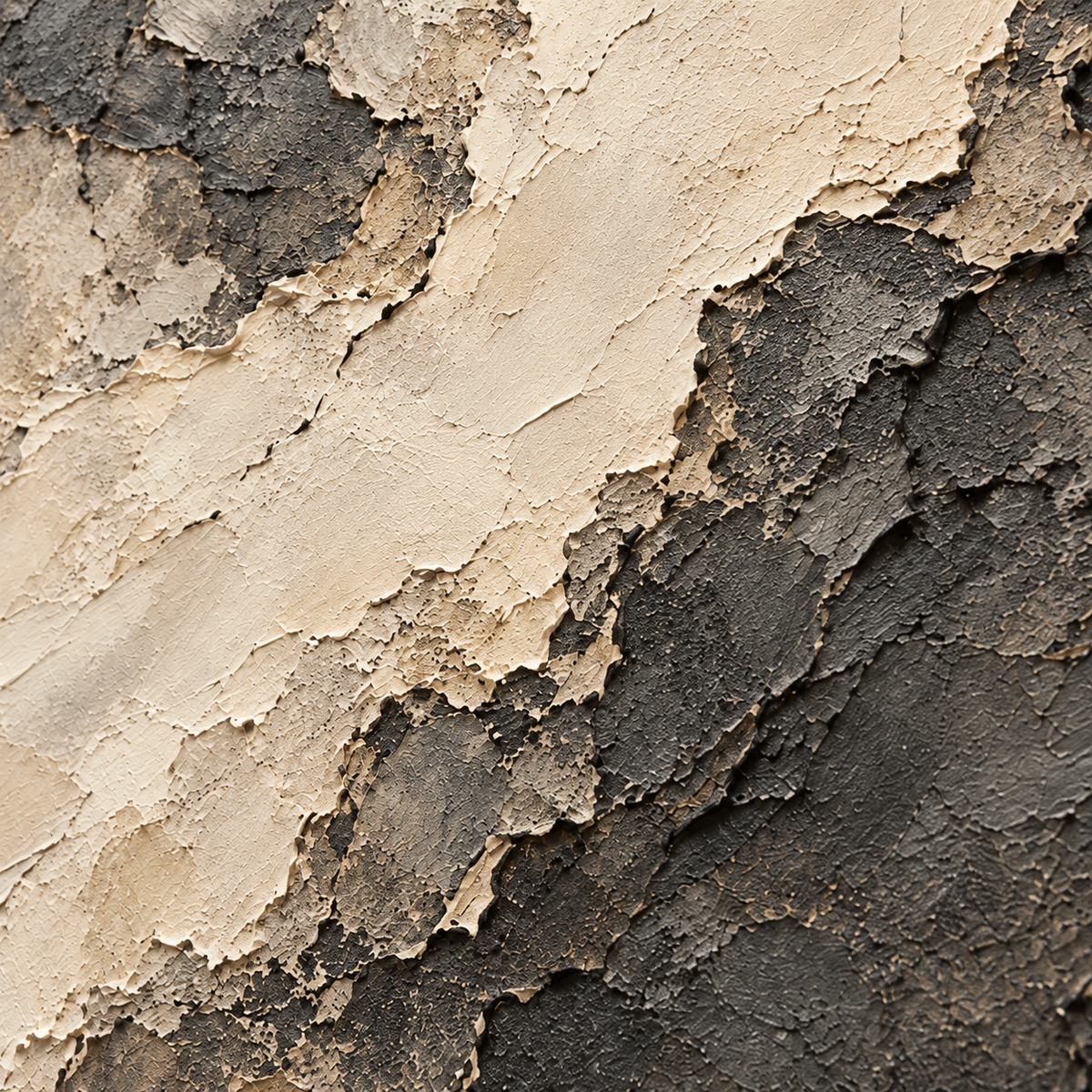 Oblique close-up of Soot-Divide showing raised paint layers, rough edges and ivory-to-charcoal transitions under grazing directional light.