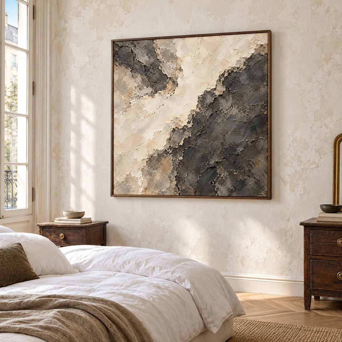 Soot-Divide above a low bed with white linen in an airy bedroom with dark wood furniture, viewed from the left at a low angle.