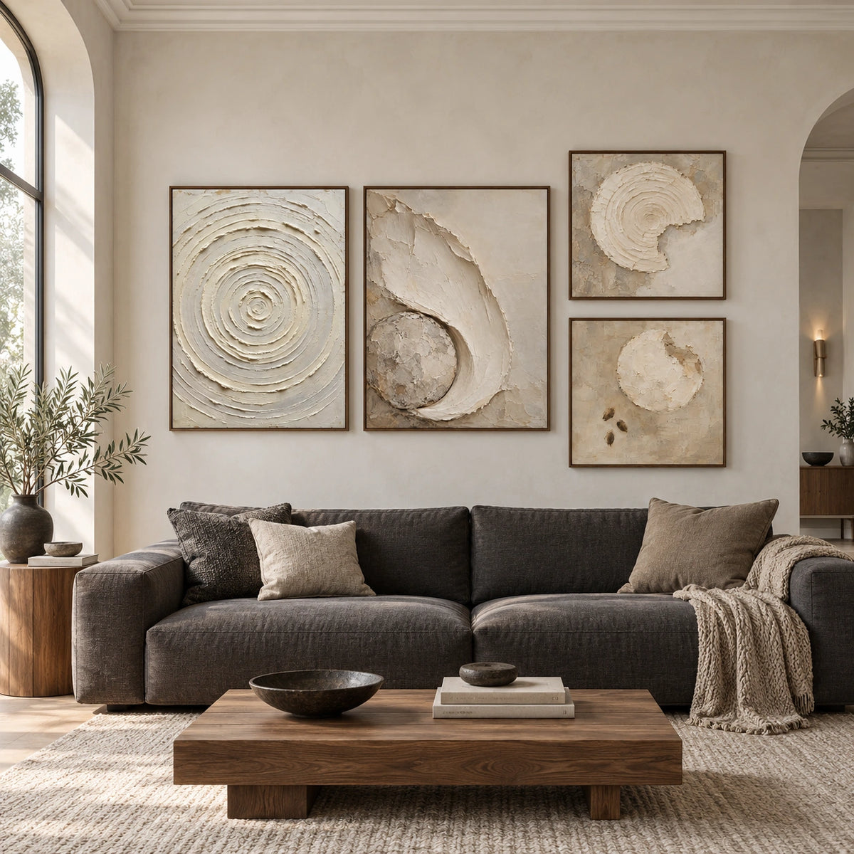 Circular-Harmony: complete gallery wall in a spacious living room