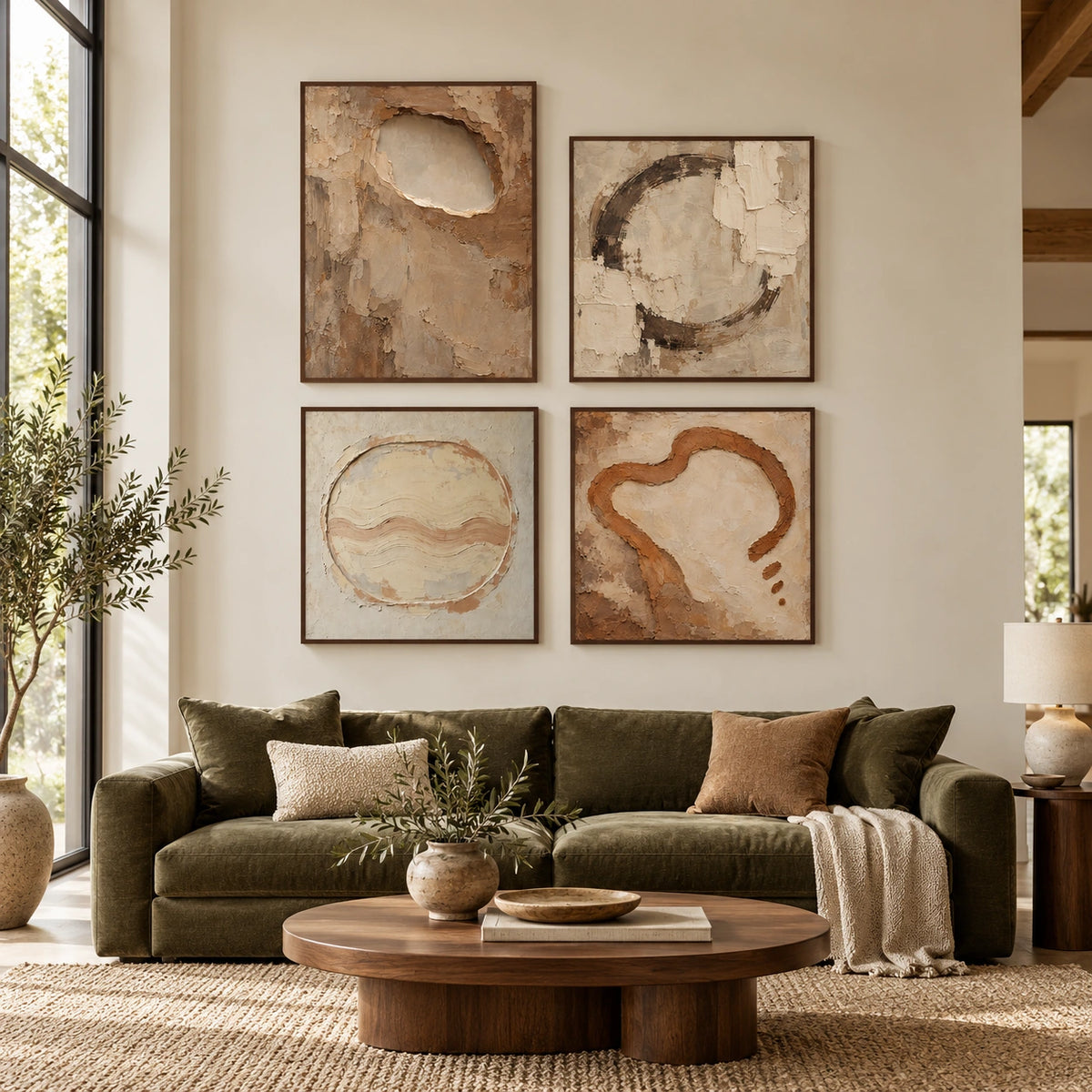 Earthen-Orbits: complete gallery wall in a spacious living room