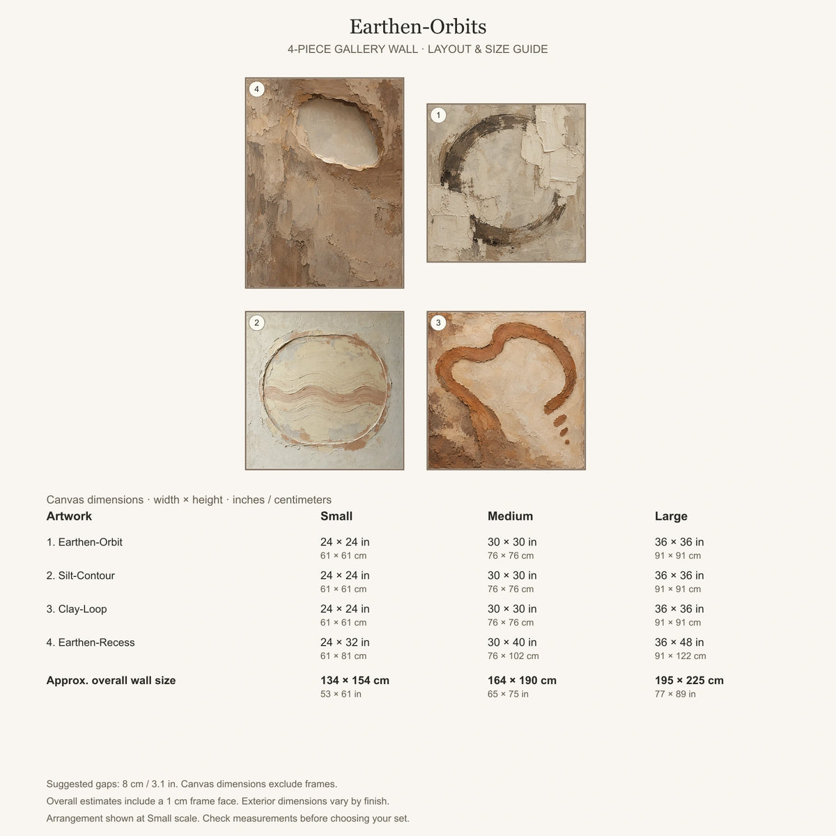 Earthen-Orbits: arrangement and Small, Medium and Large dimensions