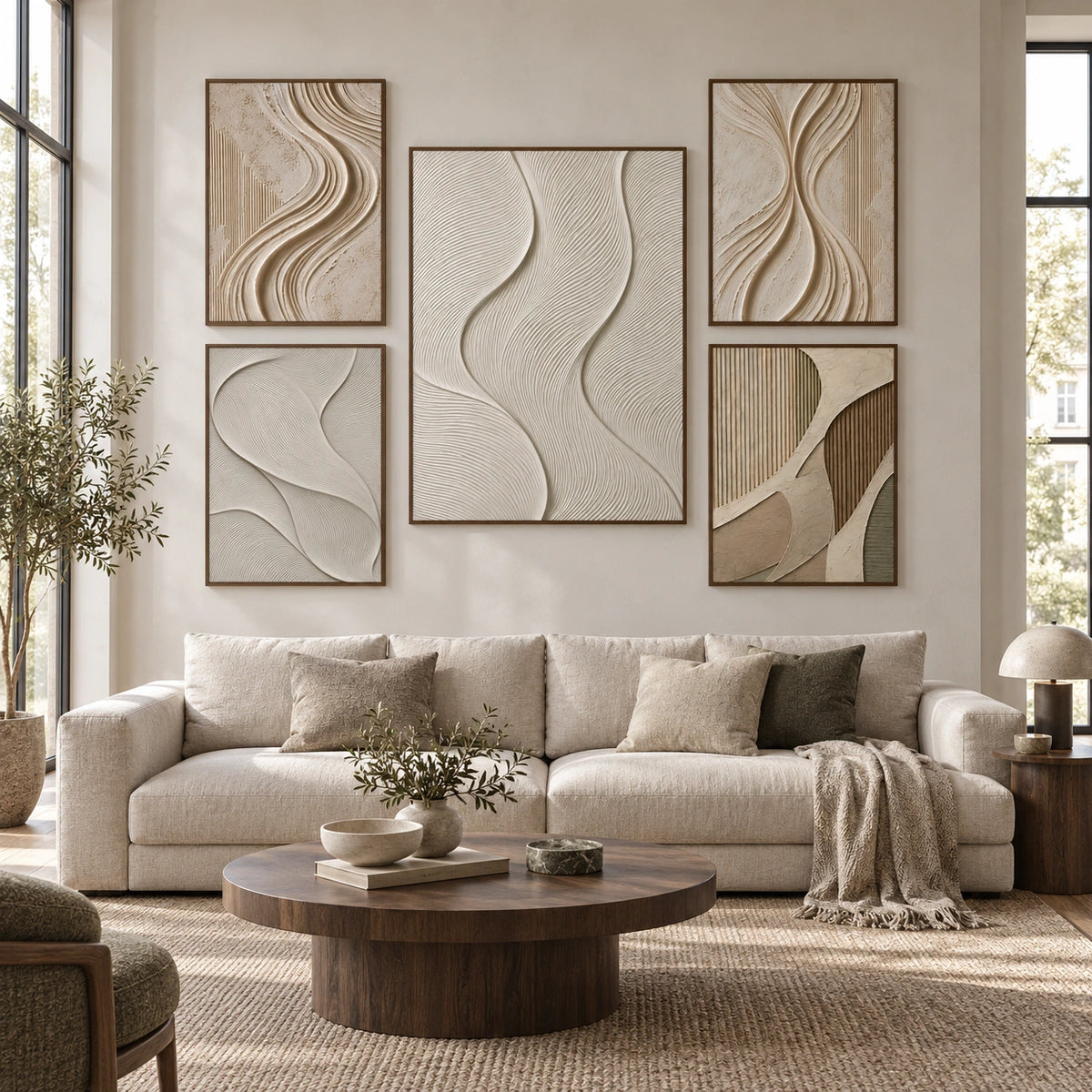 Ivory-Currents: complete gallery wall in a spacious living room