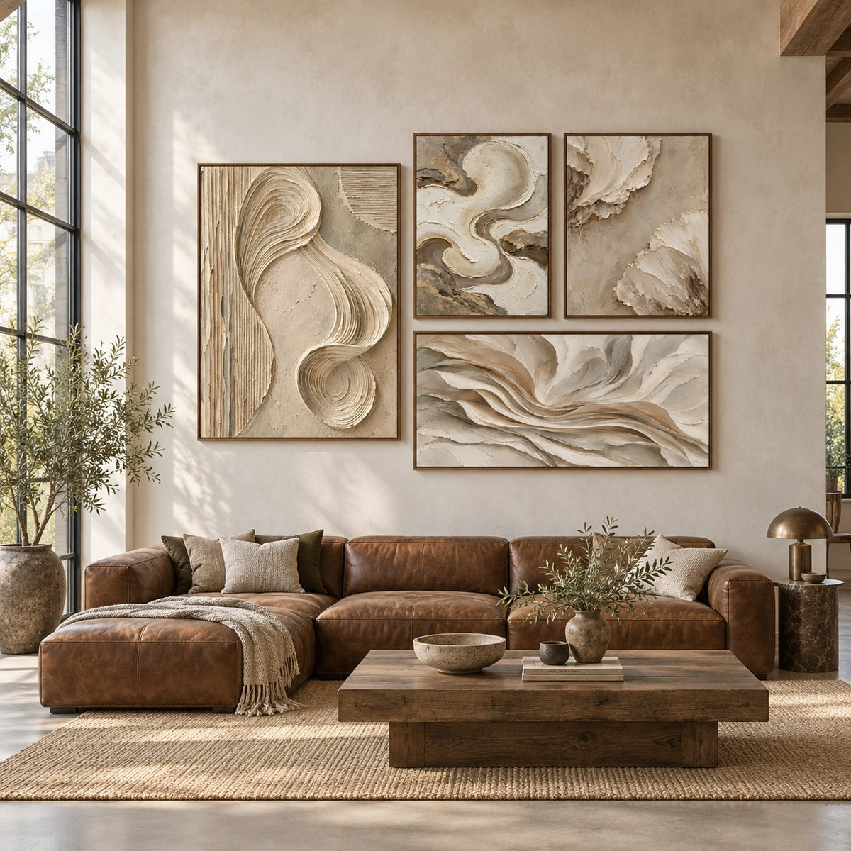 Folded-Silence: complete gallery wall in a spacious living room