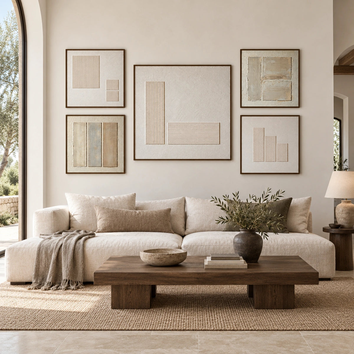 Tactile-Cadence: complete gallery wall in a spacious living room