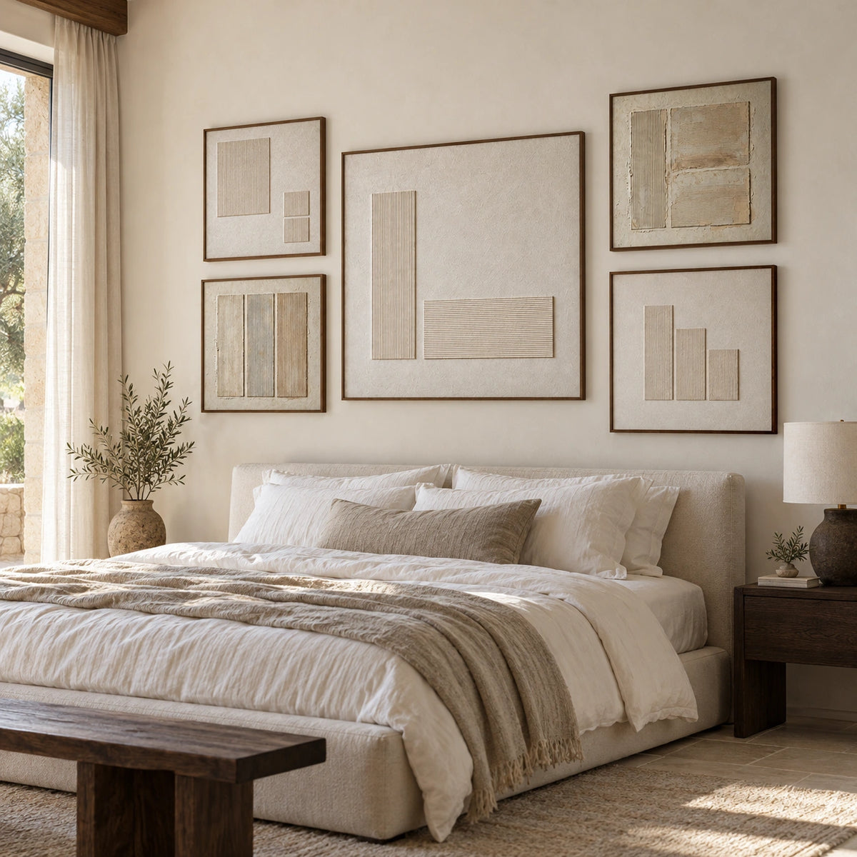 Tactile-Cadence: complete gallery wall in a bedroom