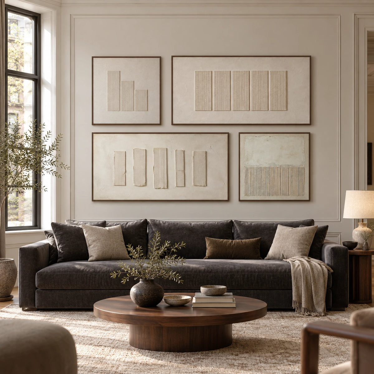 Linen-Cadence: complete gallery wall in a spacious living room