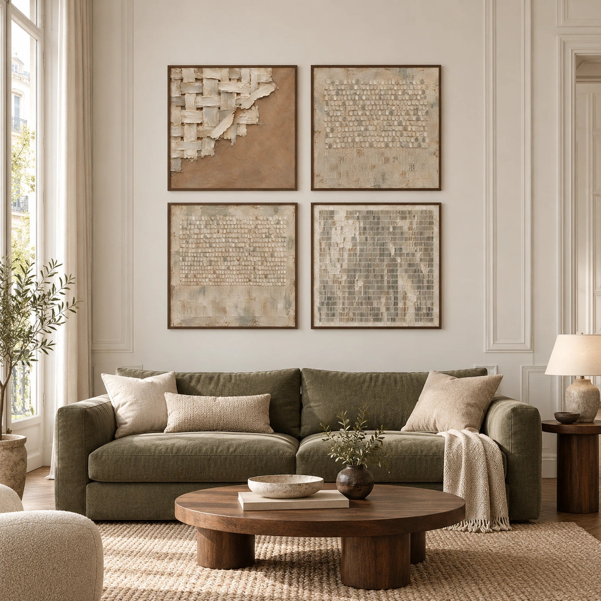 Woven-Order: complete gallery wall in a spacious living room