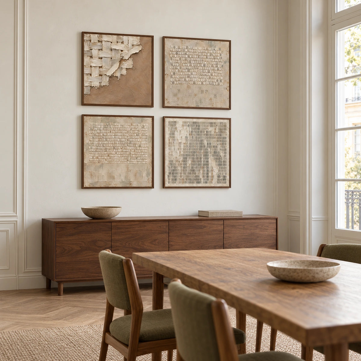 Woven-Order: complete gallery wall in a dining room