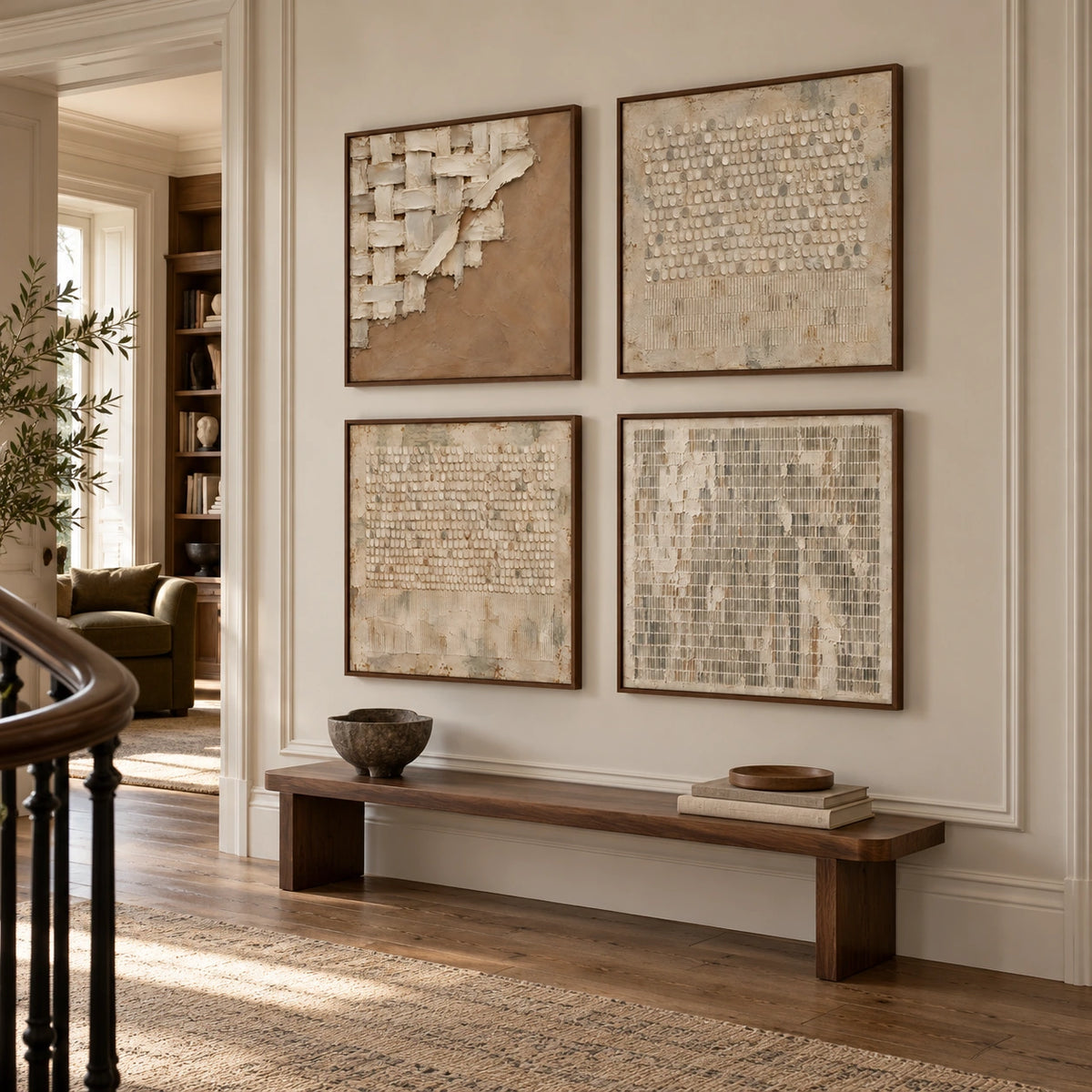Woven-Order: complete gallery wall in an entryway