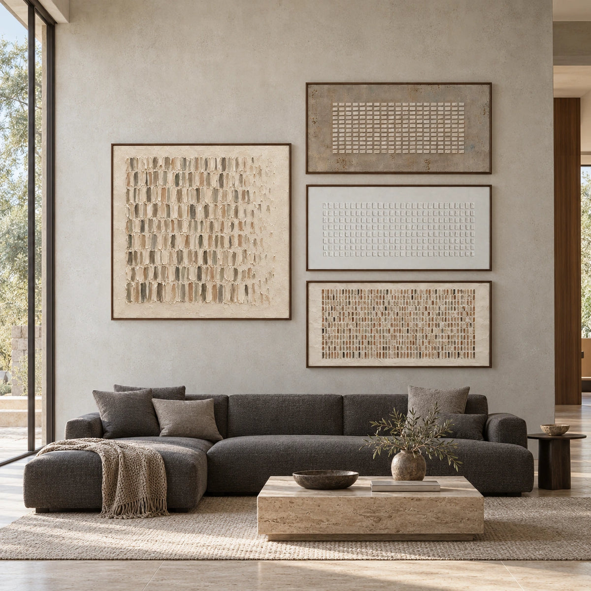 Chalk-Masonry: complete gallery wall in a spacious living room