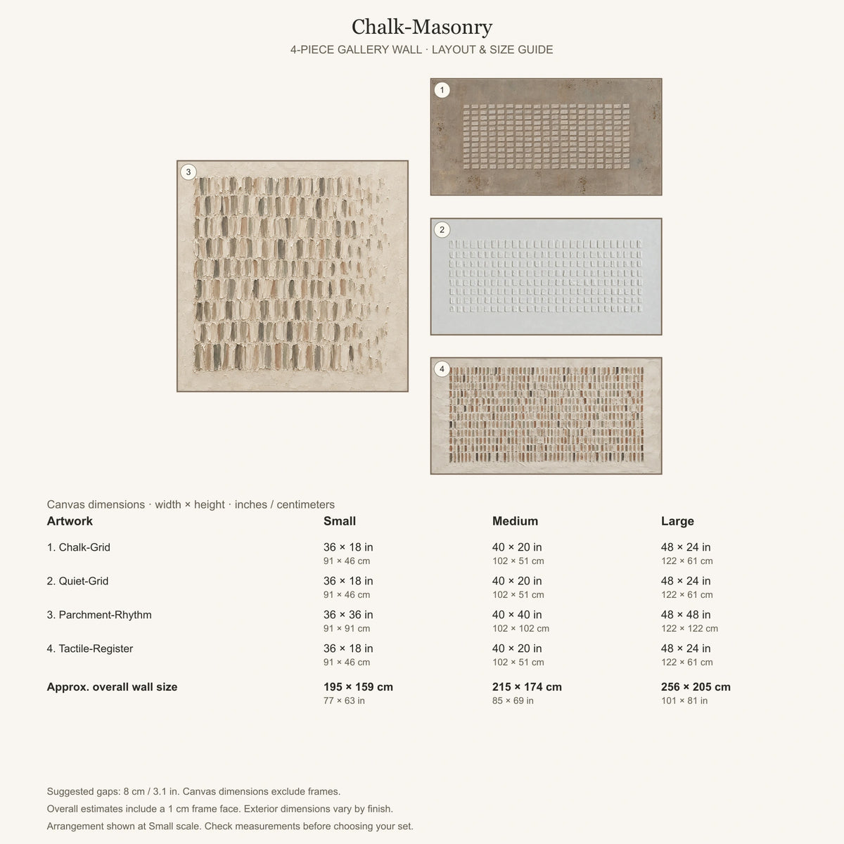 Chalk-Masonry: arrangement and Small, Medium and Large dimensions