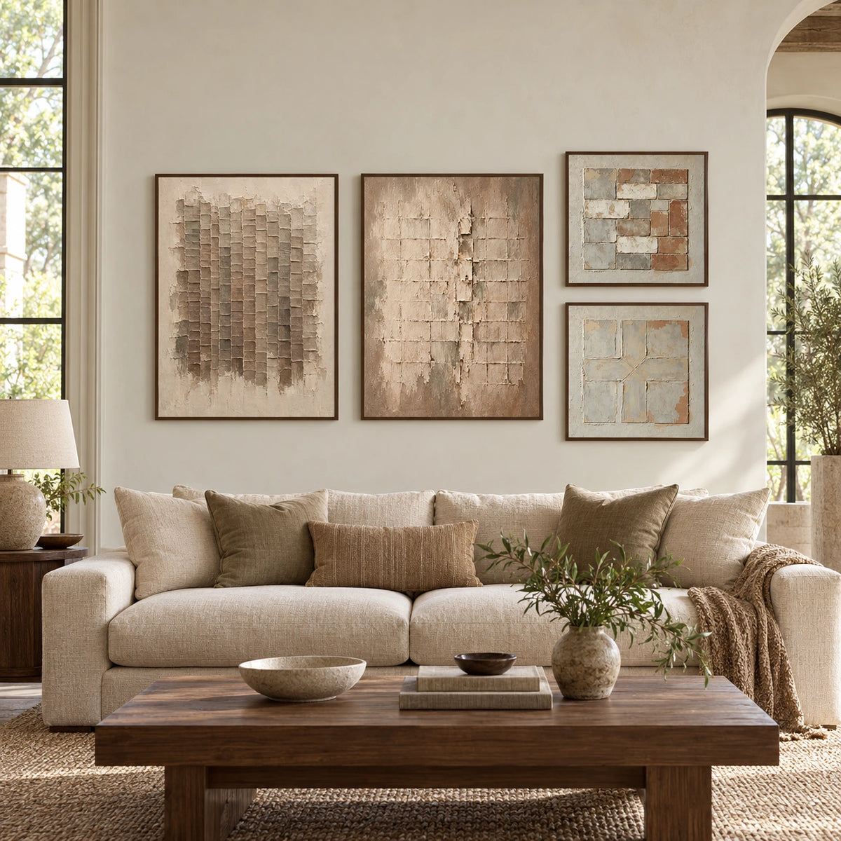 Weathered-Grids: complete gallery wall in a spacious living room