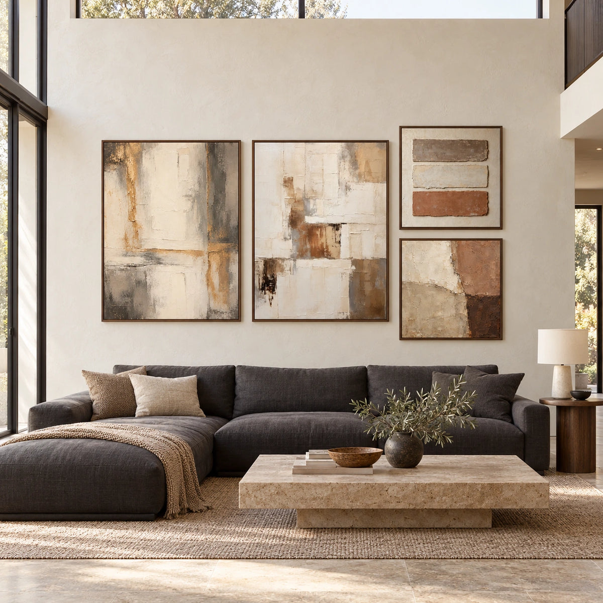 Earth-Architecture: complete gallery wall in a spacious living room