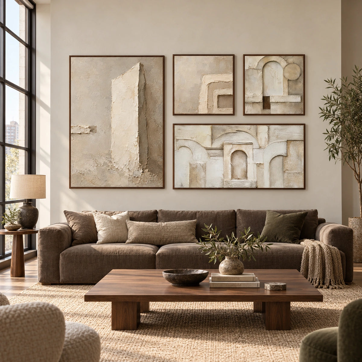 Plaster-Volumes: complete gallery wall in a spacious living room
