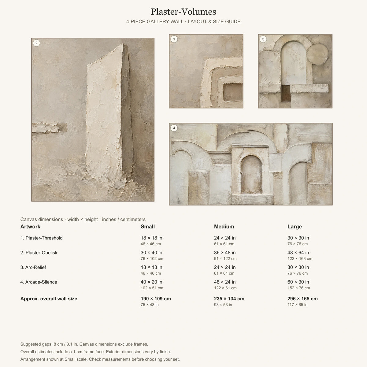 Plaster-Volumes: arrangement and Small, Medium and Large dimensions