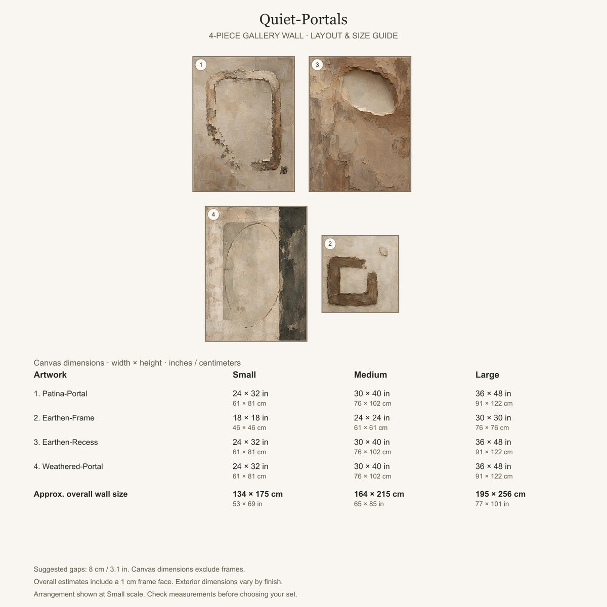 Quiet-Portals: arrangement and Small, Medium and Large dimensions