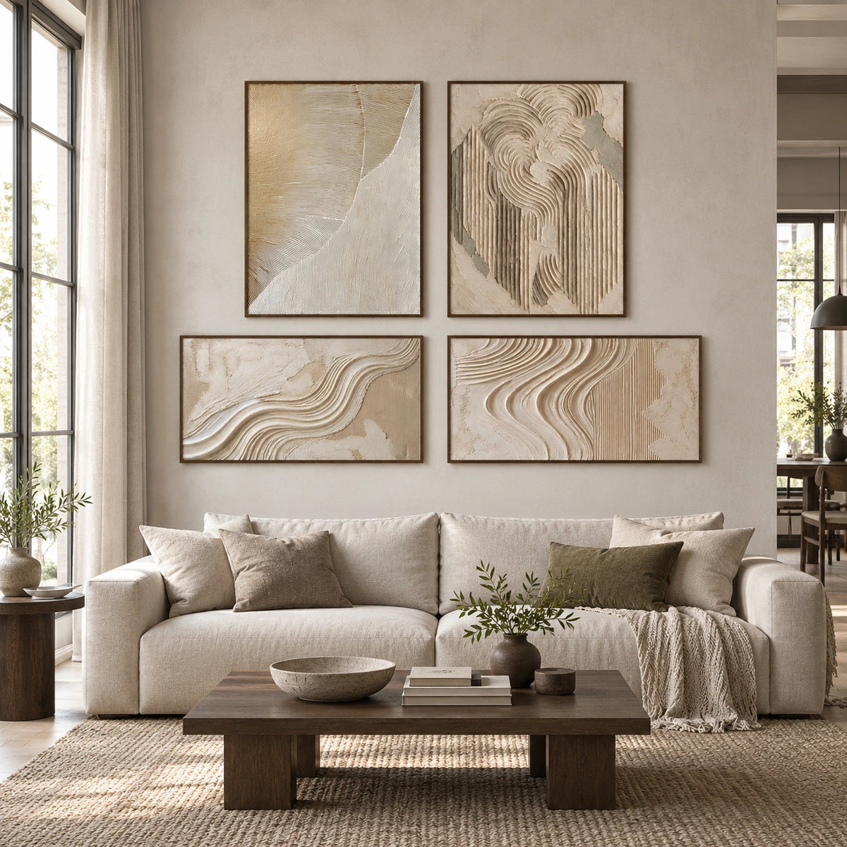 Tidal-Curves: complete gallery wall in a spacious living room