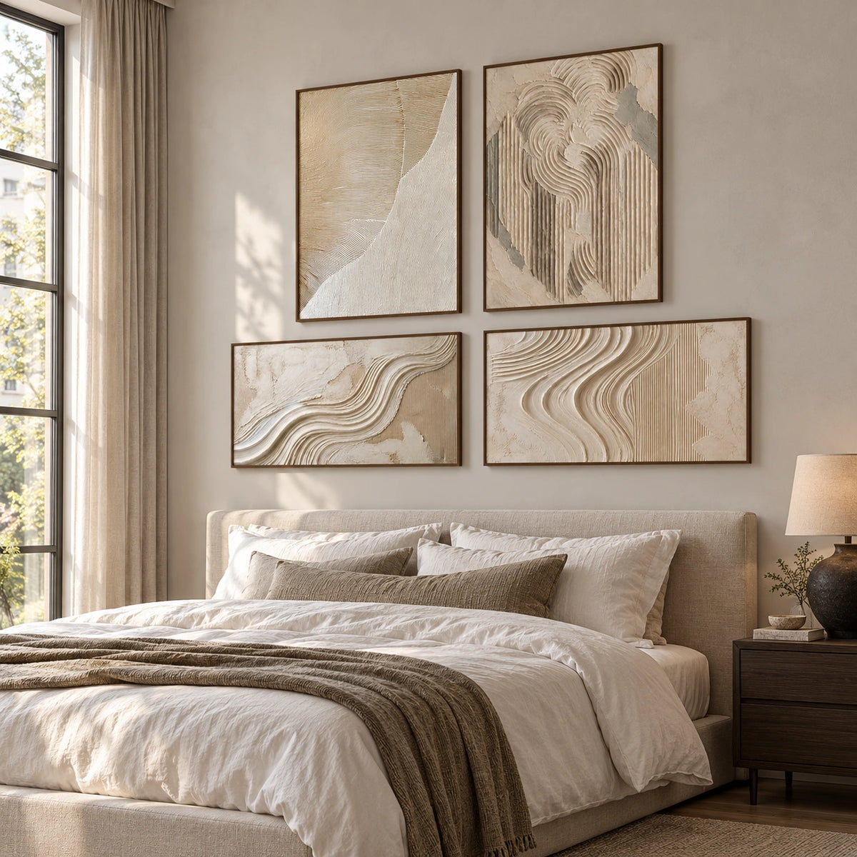 Tidal-Curves: complete gallery wall in a bedroom