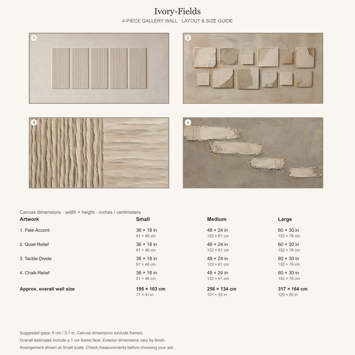 Ivory-Fields: arrangement and Small, Medium and Large dimensions