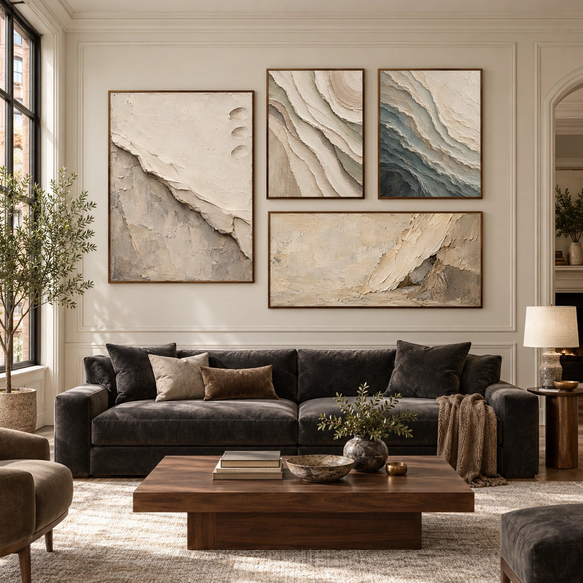Dune-Folds: complete gallery wall in a spacious living room