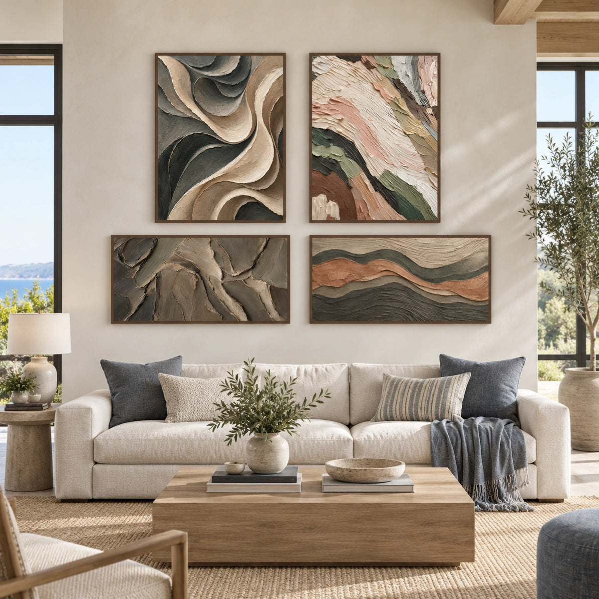 Earthen-Waves: complete gallery wall in a spacious living room