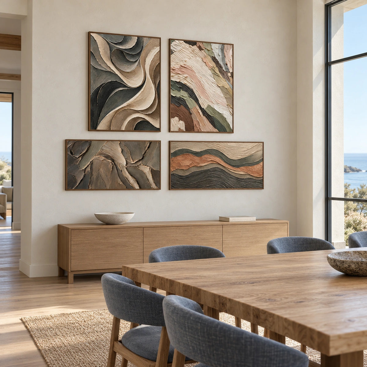 Earthen-Waves: complete gallery wall in a dining room