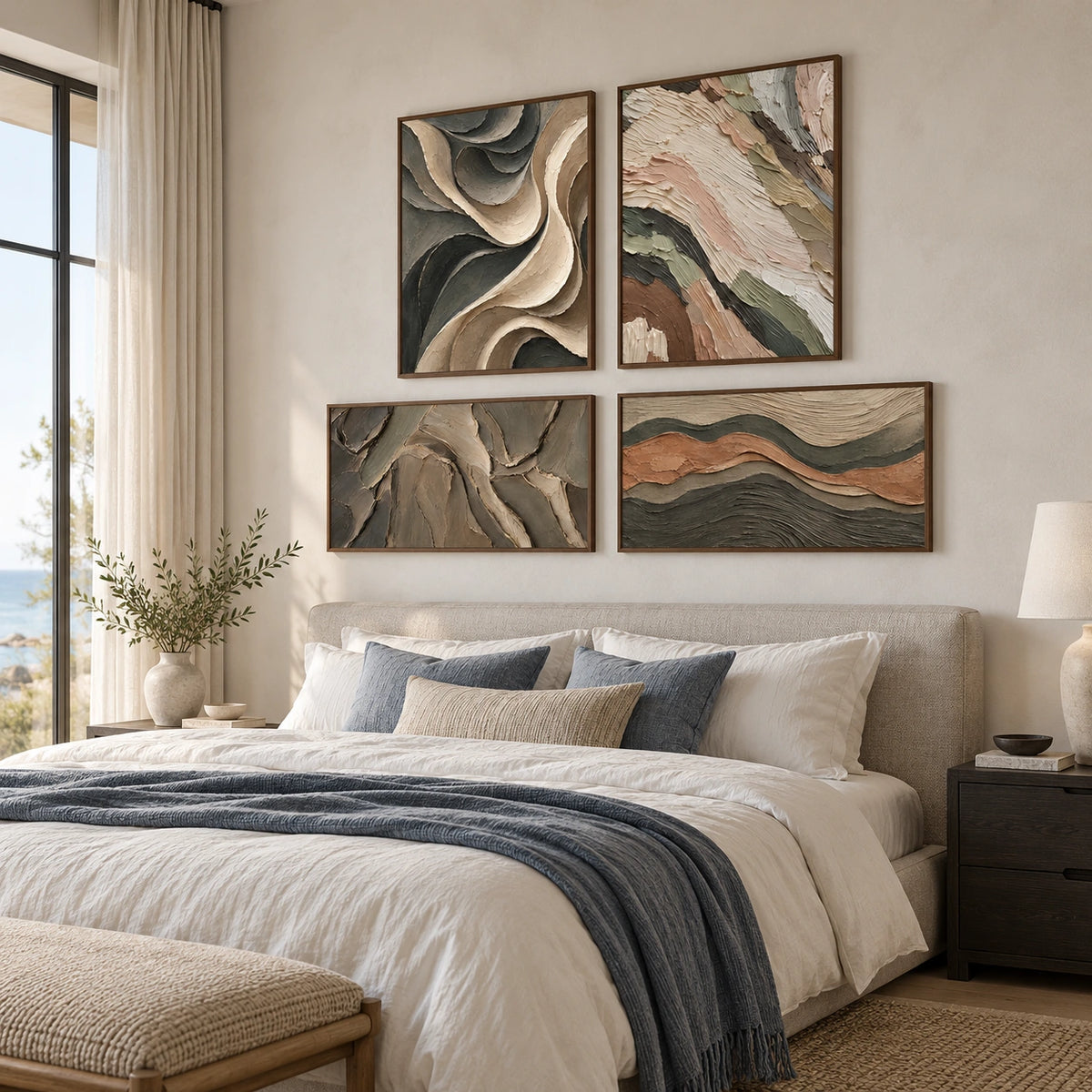 Earthen-Waves: complete gallery wall in a bedroom
