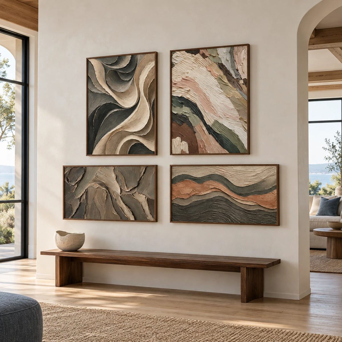 Earthen-Waves: complete gallery wall in an entryway