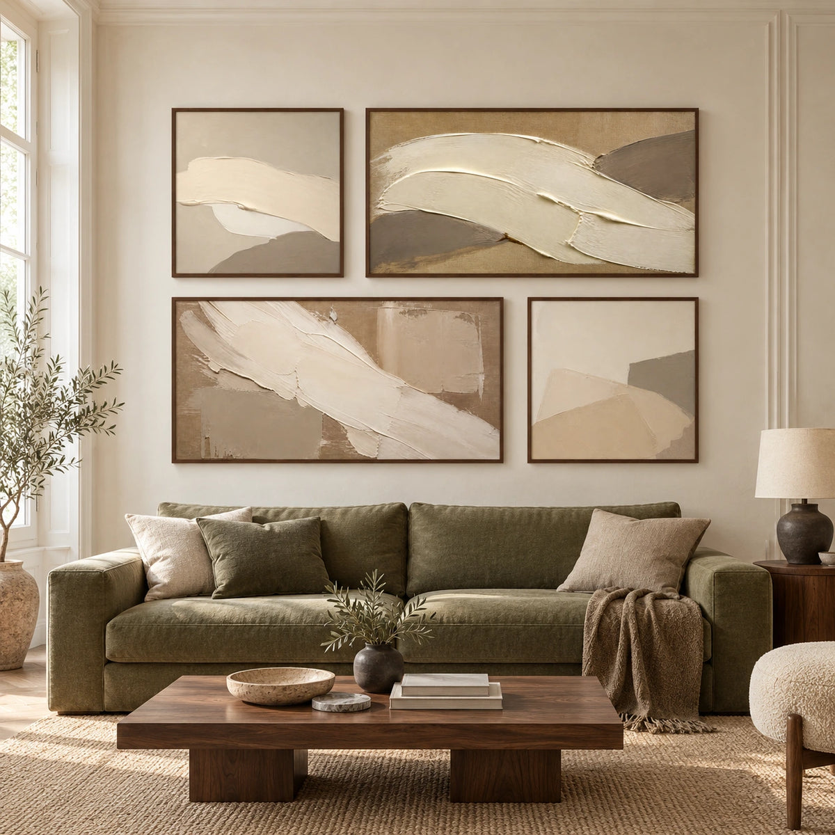 Sandstone-Arcs: complete gallery wall in a spacious living room