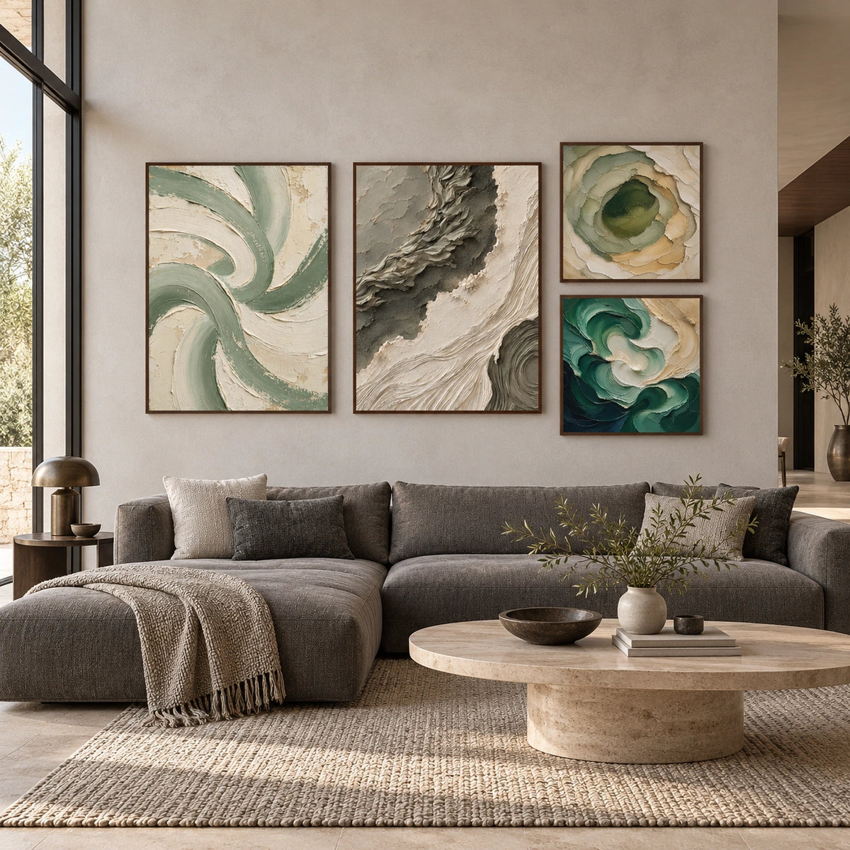 Sage-Currents: complete gallery wall in a spacious living room