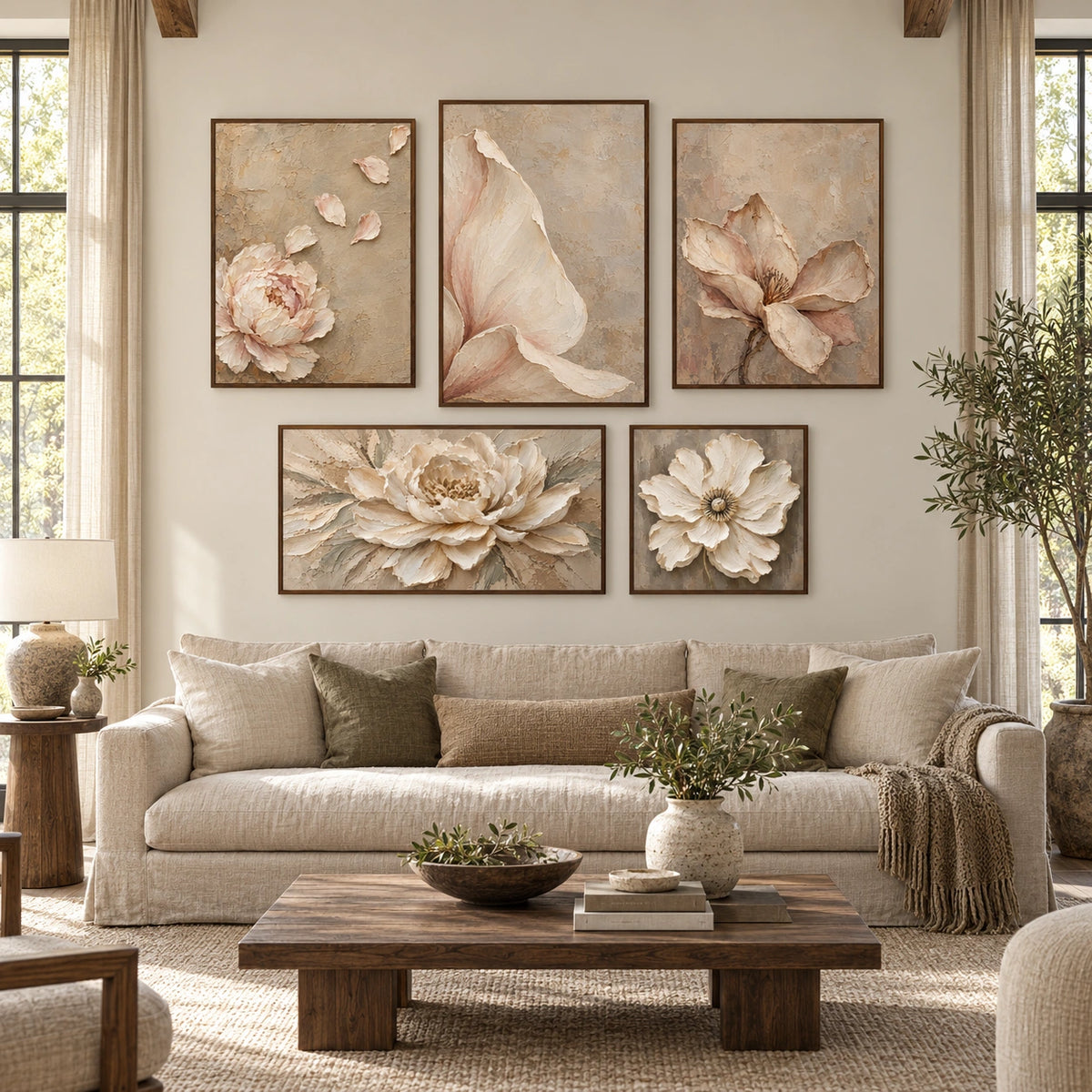 Petal-Whispers: complete gallery wall in a spacious living room
