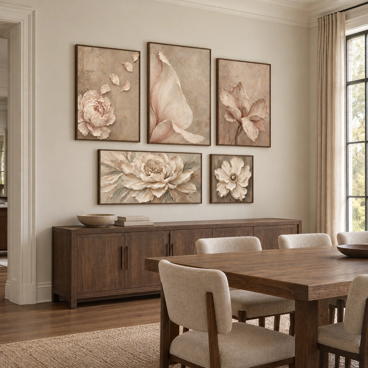 Petal-Whispers: complete gallery wall in a dining room