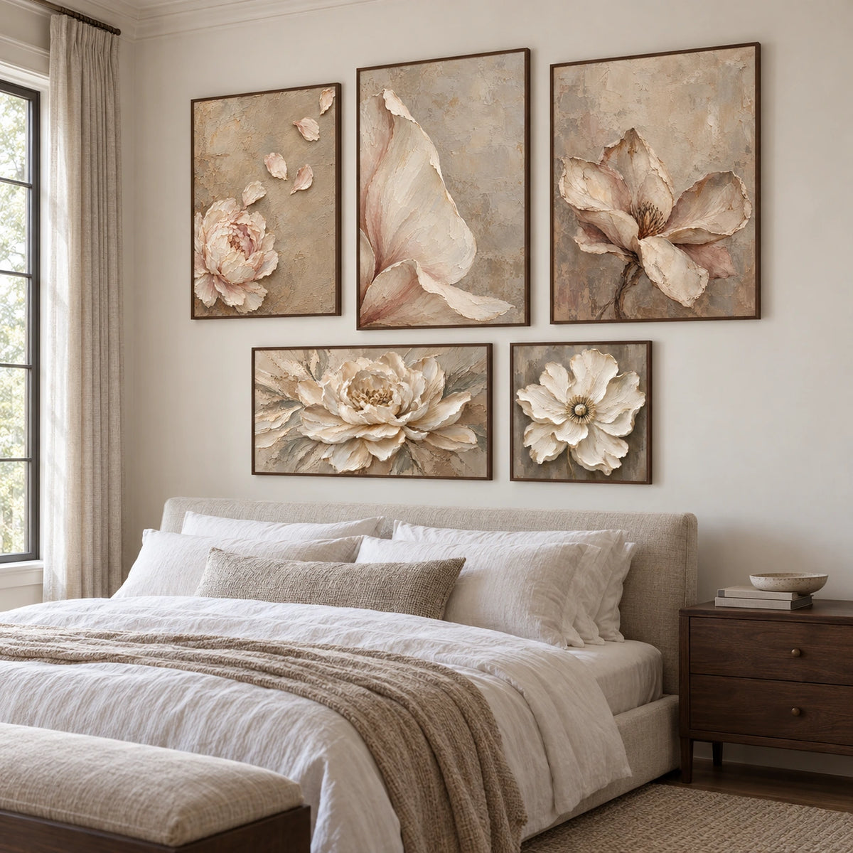 Petal-Whispers: complete gallery wall in a bedroom