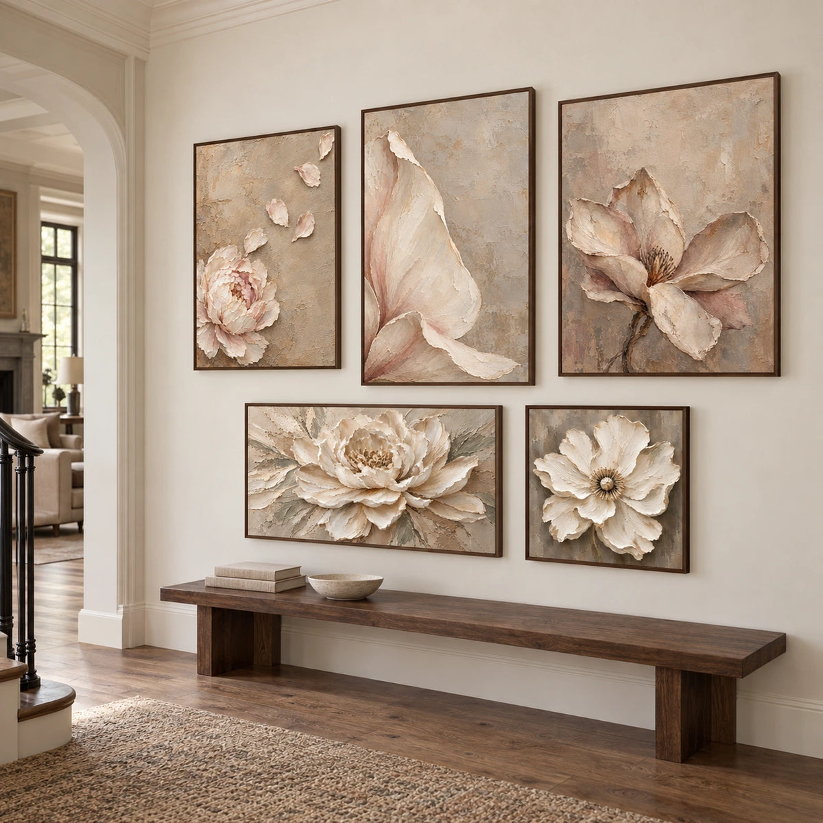 Petal-Whispers: complete gallery wall in an entryway