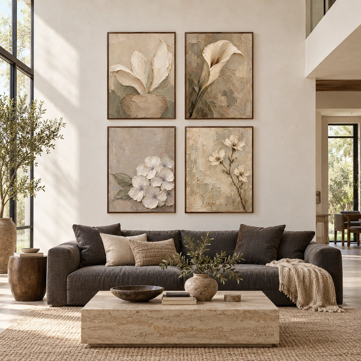 Parchment-Blooms: complete gallery wall in a spacious living room