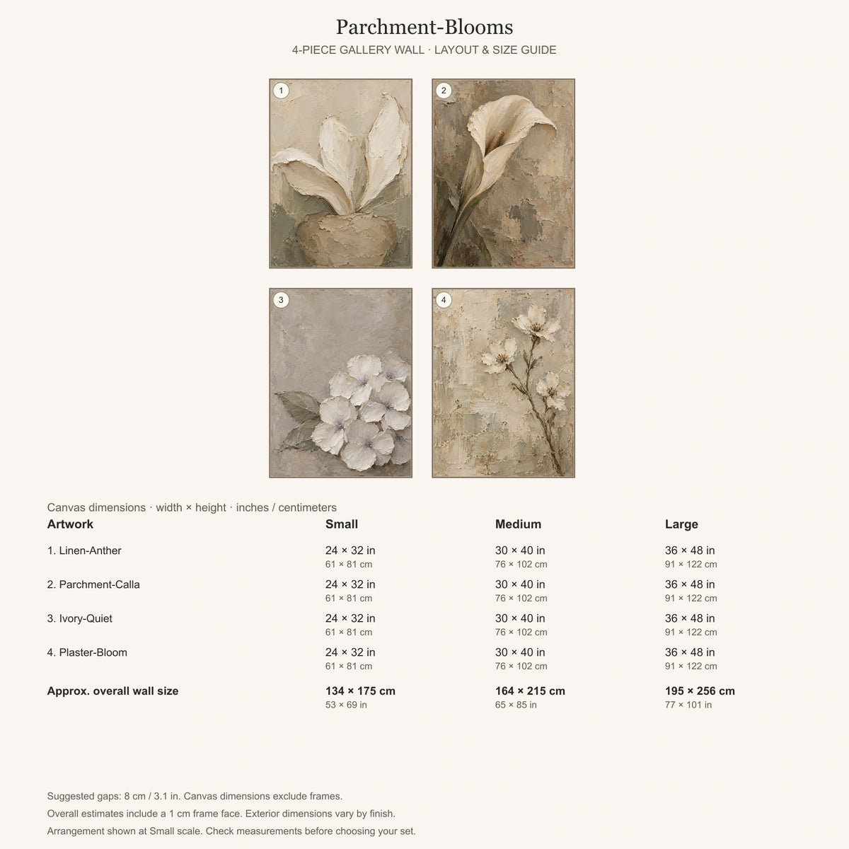 Parchment-Blooms: arrangement and Small, Medium and Large dimensions
