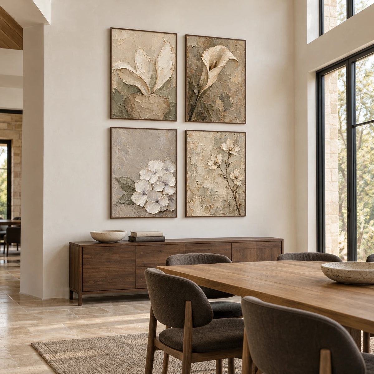 Parchment-Blooms: complete gallery wall in a dining room