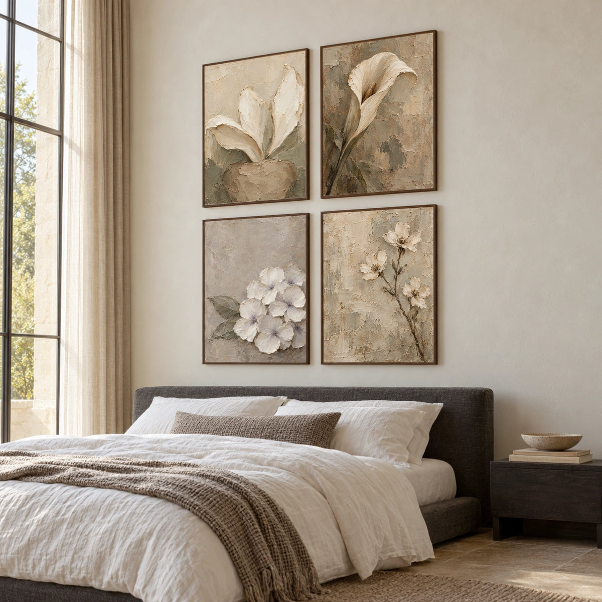 Parchment-Blooms: complete gallery wall in a bedroom