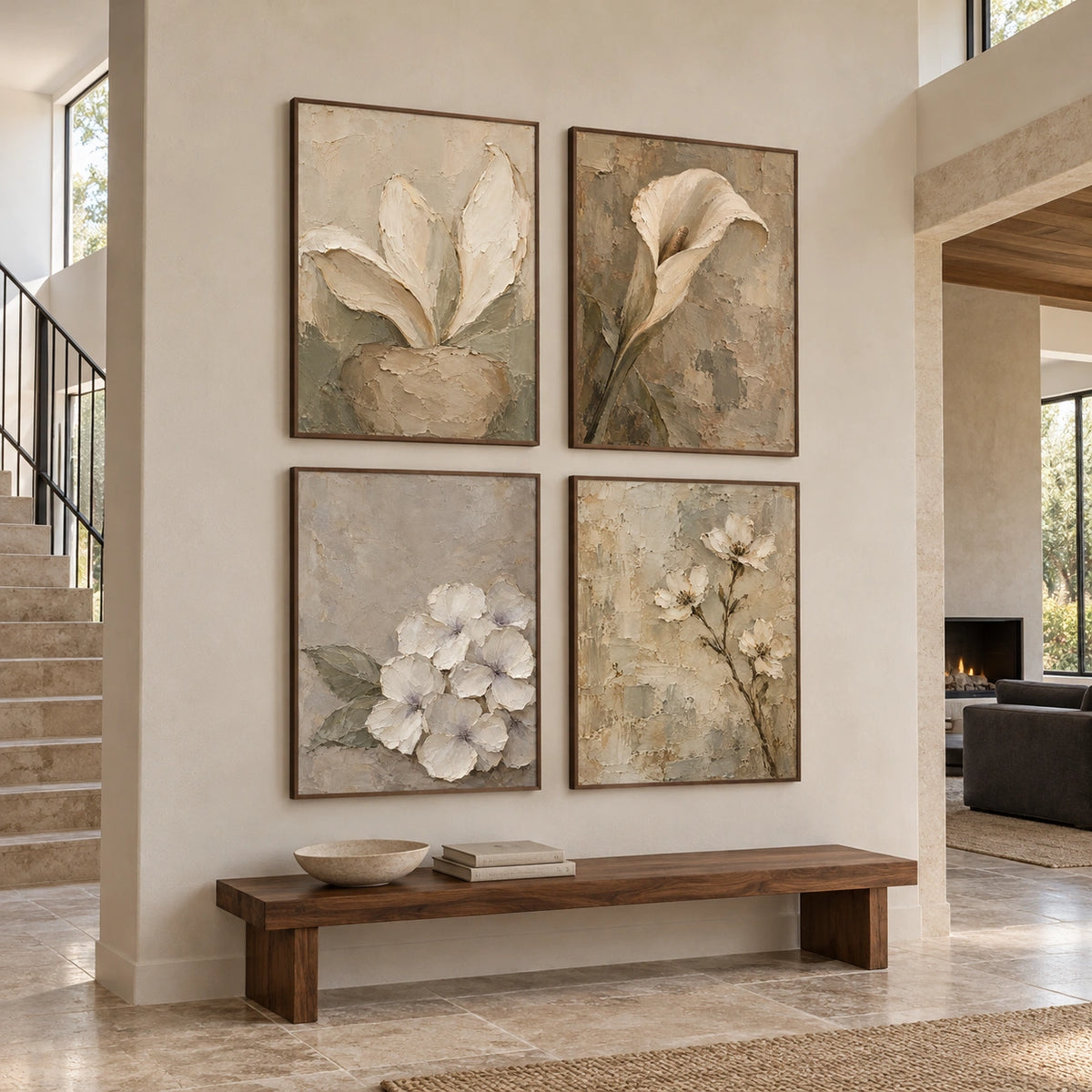 Parchment-Blooms: complete gallery wall in an entryway