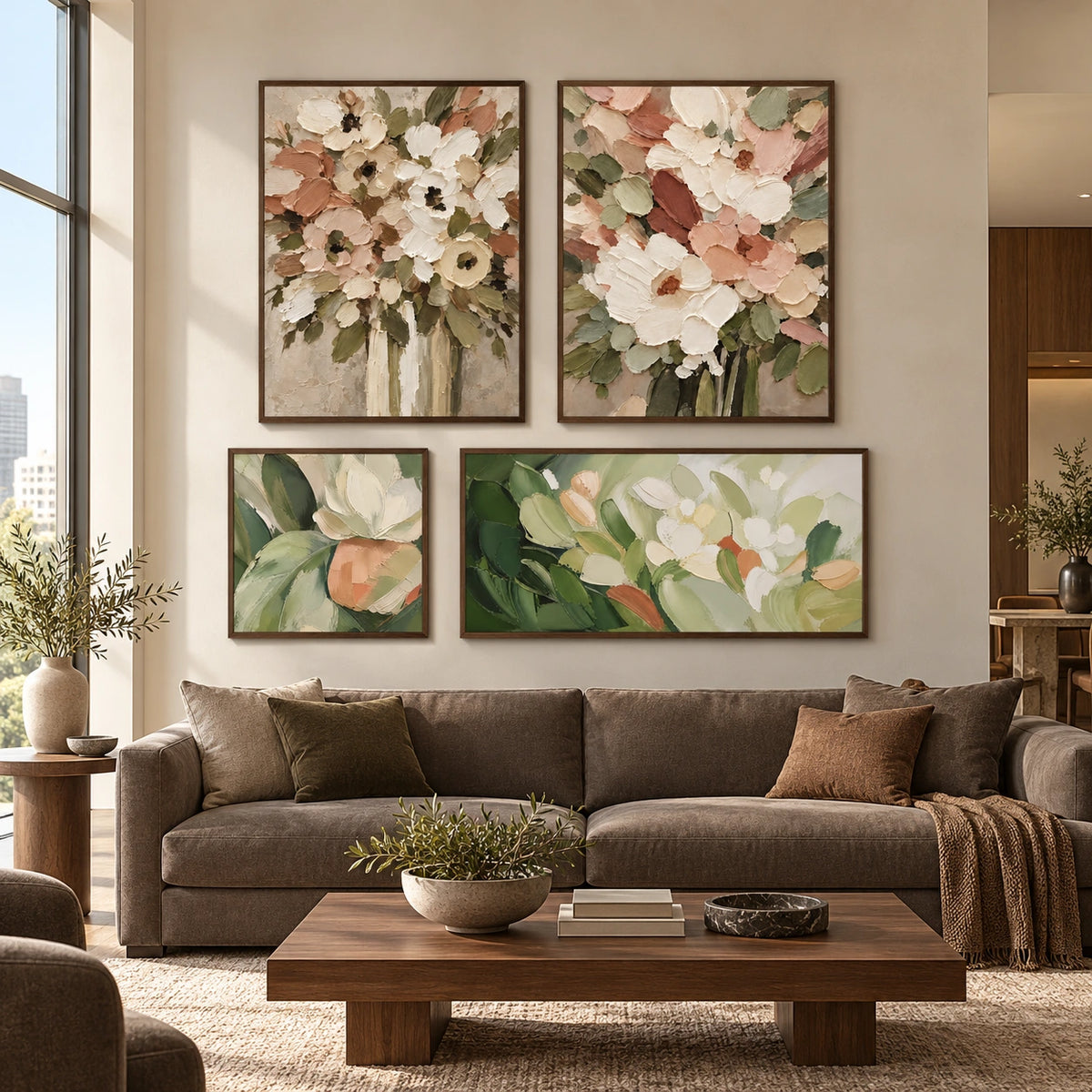 Verdant-Florals: complete gallery wall in a spacious living room