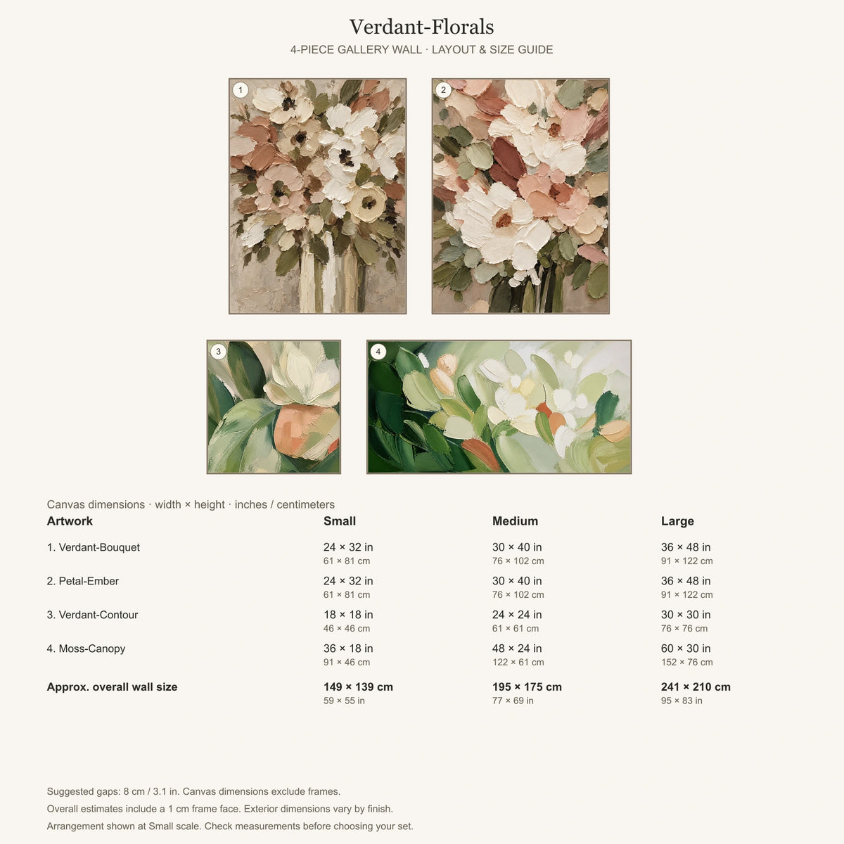 Verdant-Florals: arrangement and Small, Medium and Large dimensions