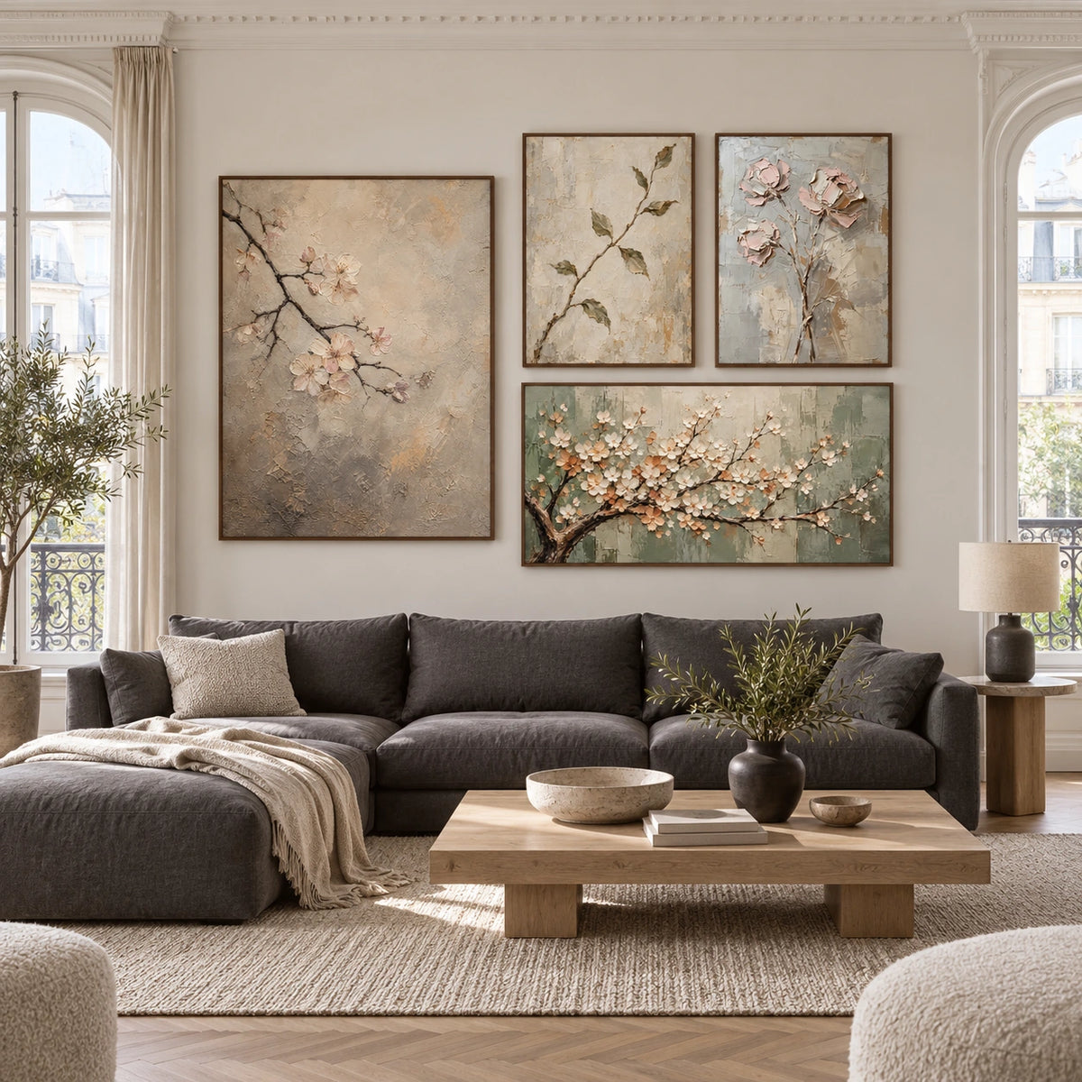 Blossom-Echoes: complete gallery wall in a spacious living room