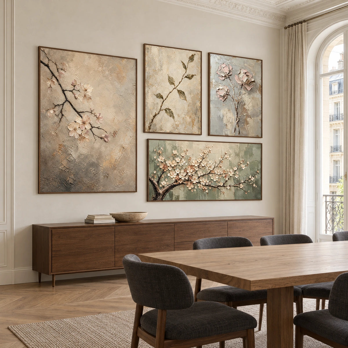 Blossom-Echoes: complete gallery wall in a dining room