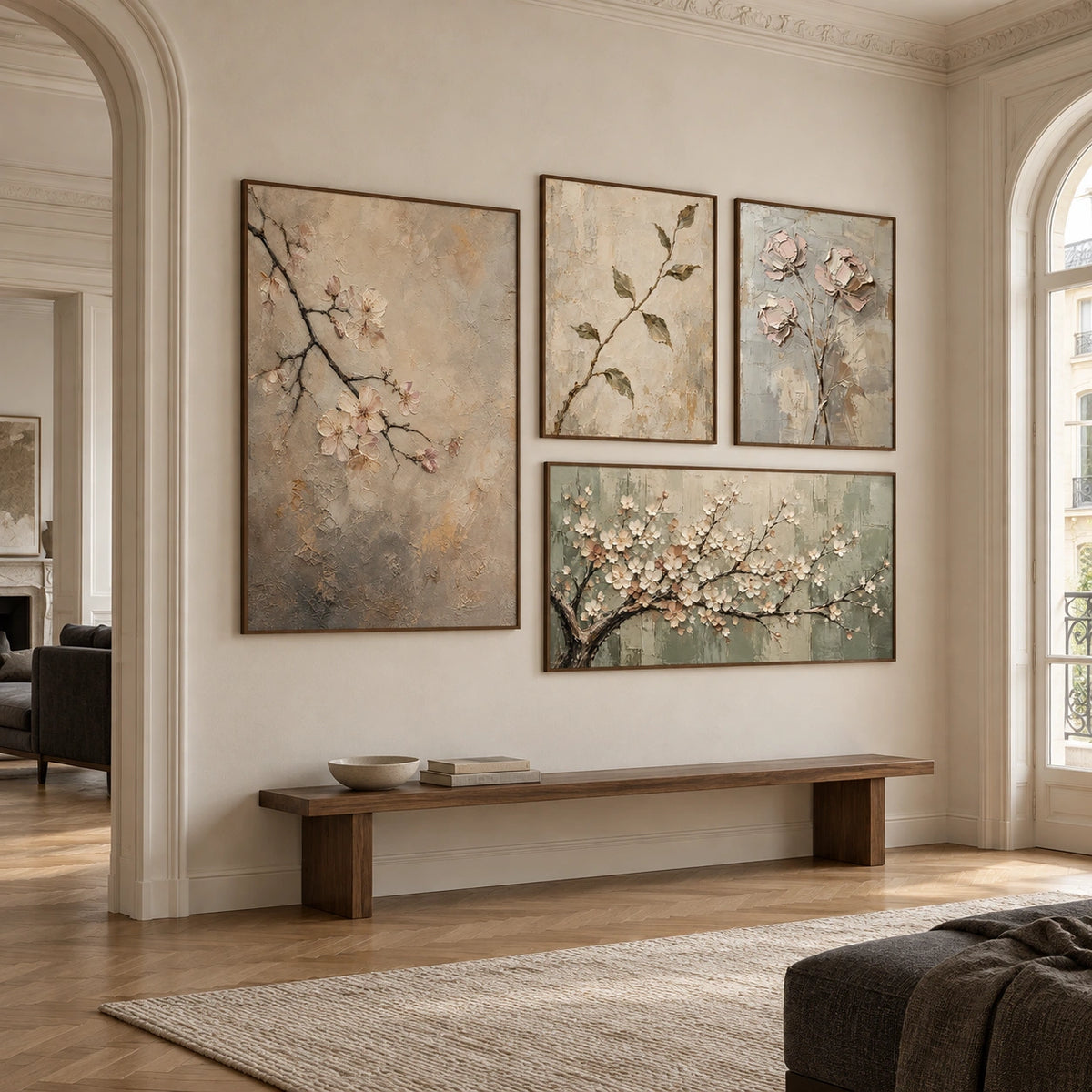 Blossom-Echoes: complete gallery wall in an entryway