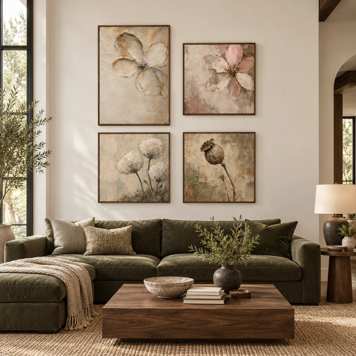 Linen-Garden: complete gallery wall in a spacious living room