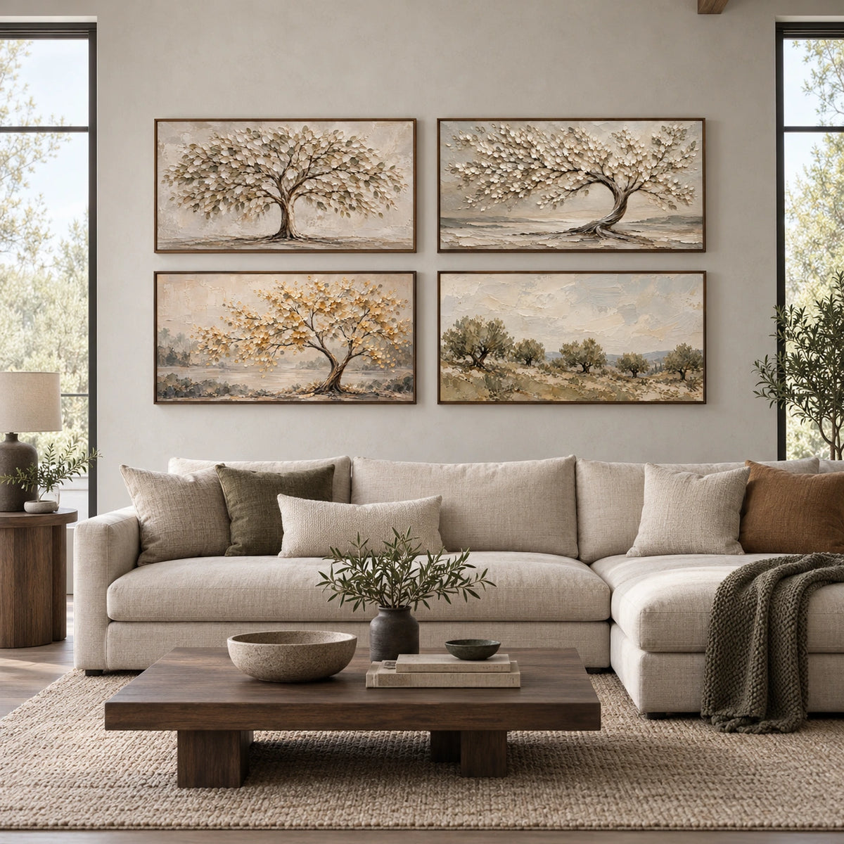 Woodland-Canopy: complete gallery wall in a spacious living room