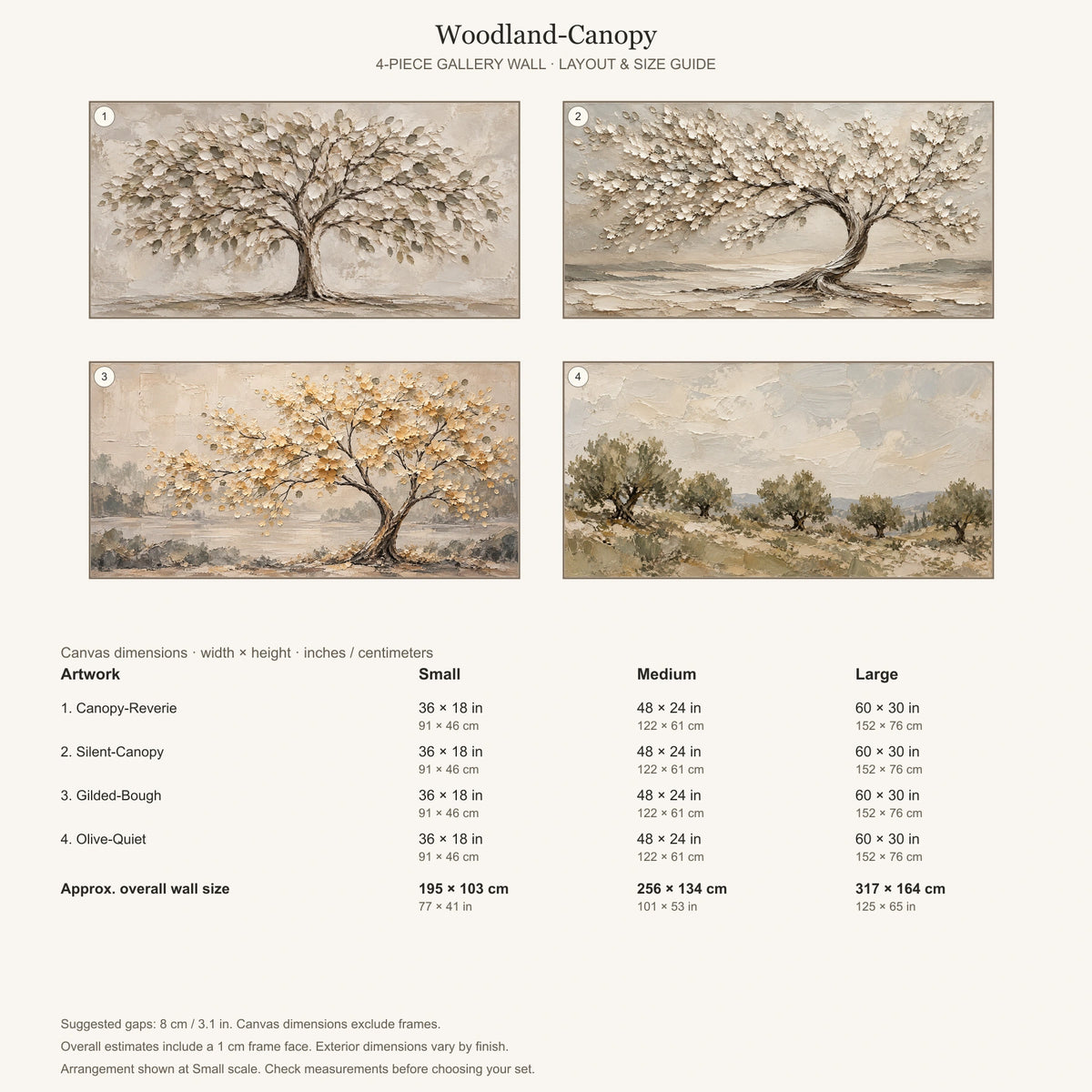 Woodland-Canopy: arrangement and Small, Medium and Large dimensions