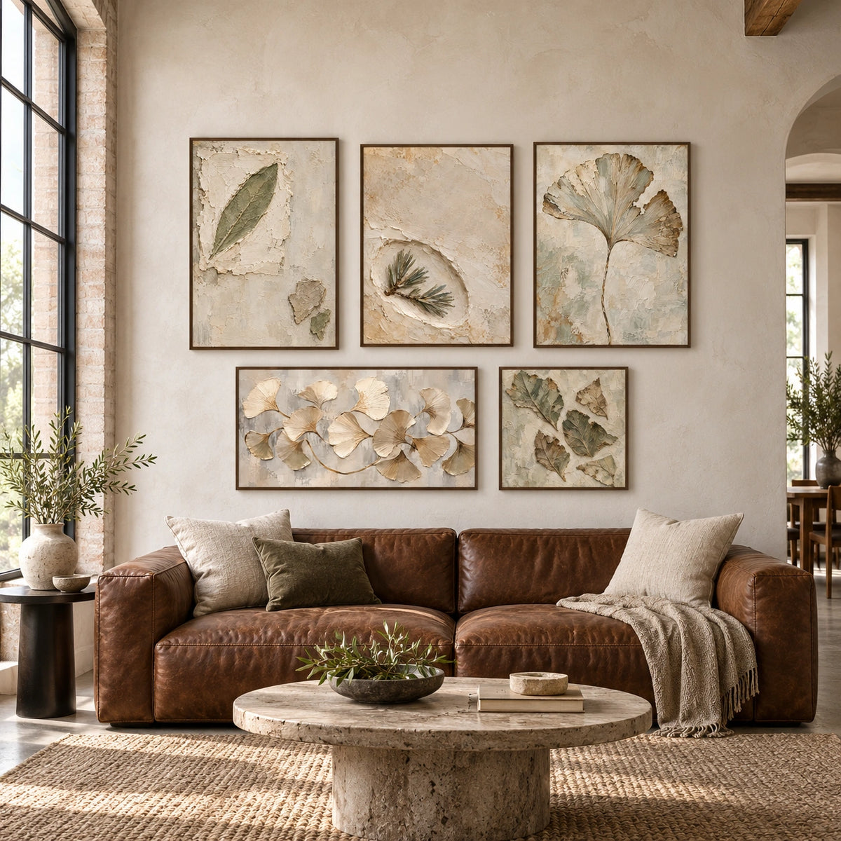 Botanical-Imprints: complete gallery wall in a spacious living room