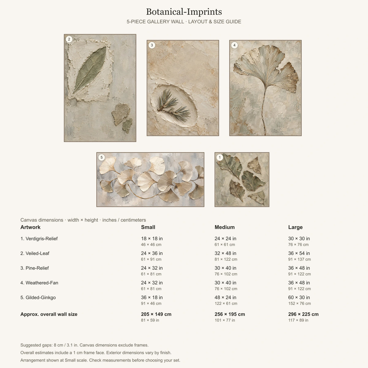Botanical-Imprints: arrangement and Small, Medium and Large dimensions