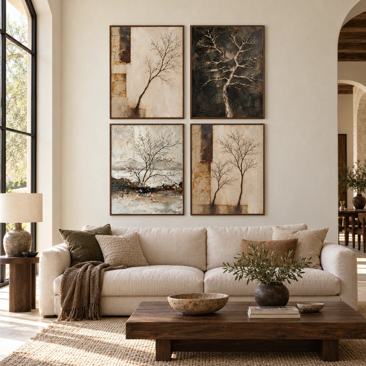 Quiet-Branches: complete gallery wall in a spacious living room